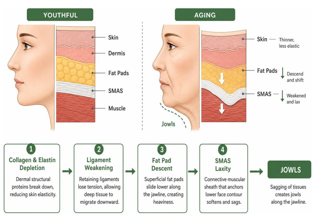 Diagram showing how aging affects facial fat pads and SMAS layer leading to jowls