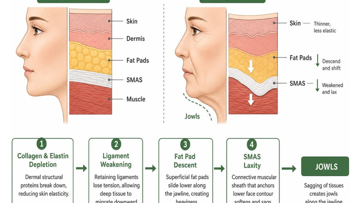 Diagram showing how aging affects facial fat pads and SMAS layer leading to jowls