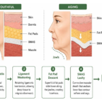 Diagram showing how aging affects facial fat pads and SMAS layer leading to jowls