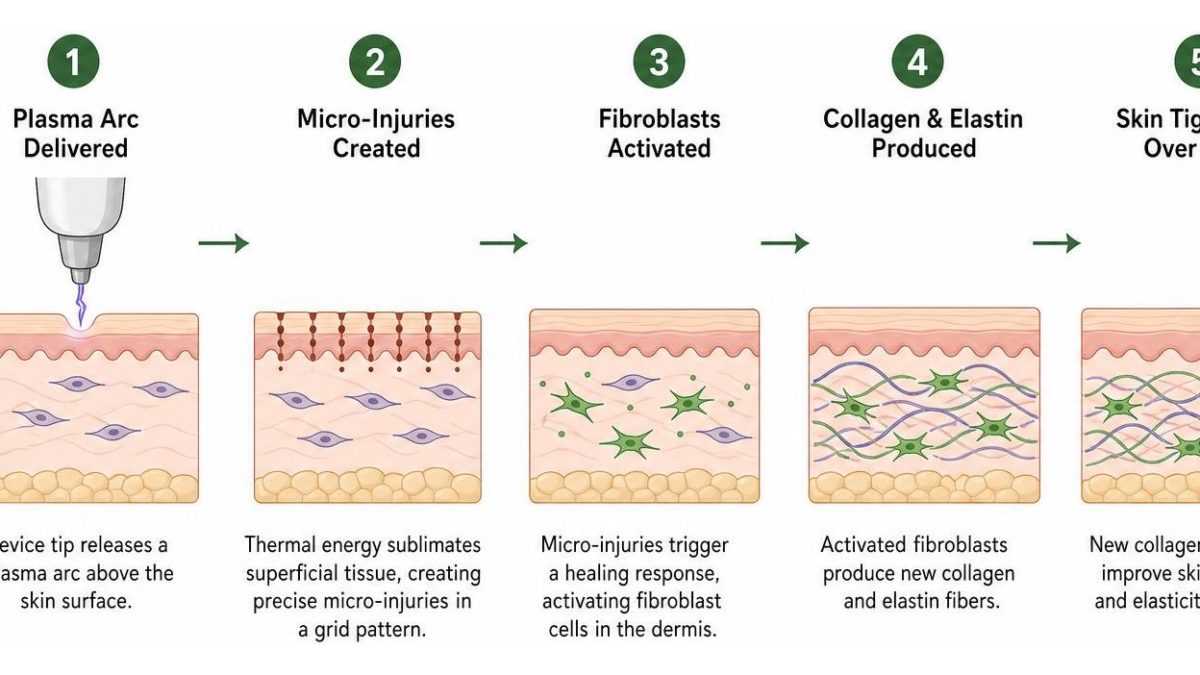Step-by-step mechanism of plasma arc creating micro-injuries to activate fibroblast cells and produce collagen