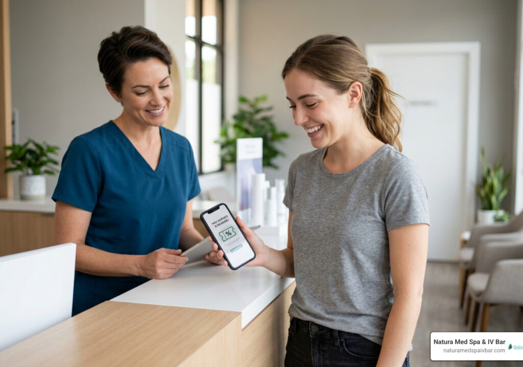 Patient checking aesthetic rewards discounts on a smartphone