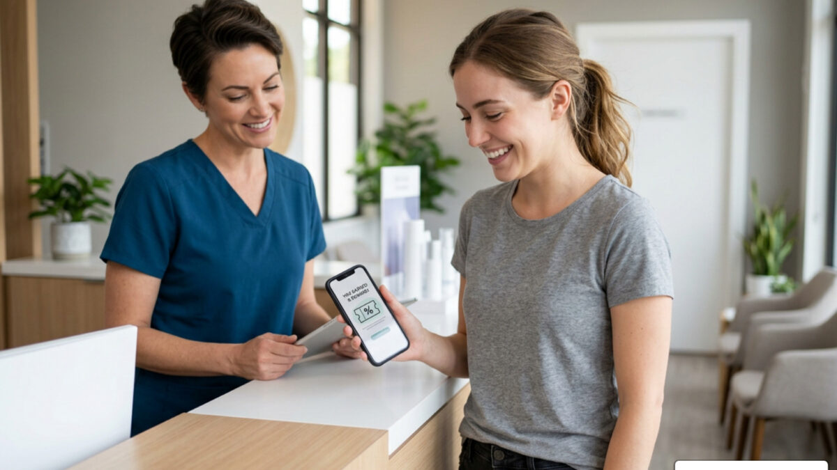 Patient checking aesthetic rewards discounts on a smartphone